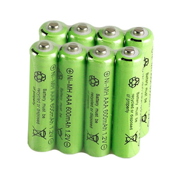 Eight AAA rechargeable Ni-MH batteries with 1.2V and 600mAh capacity, shown in a set with positive and negative terminals visible.