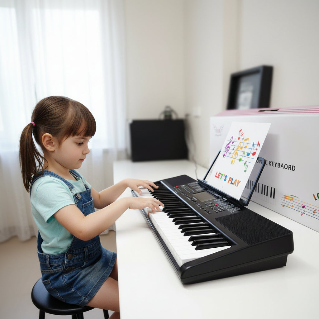 Portable 61-key multimedia electronic piano with musical keys, compact design, perfect for beginners and musicians.