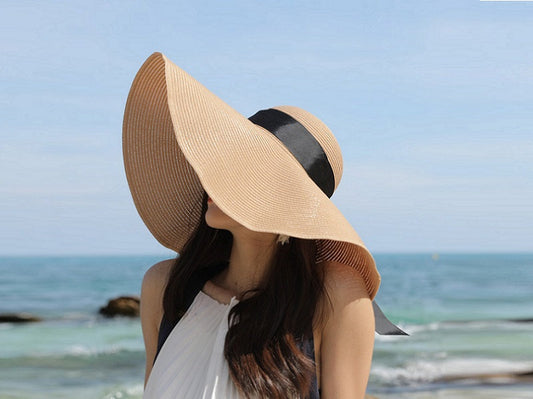 GREY- 16cm Wide Brim Women Lady Sun Straw Hat Floppy Derby Summer Beach Cap dealonline.co.nz