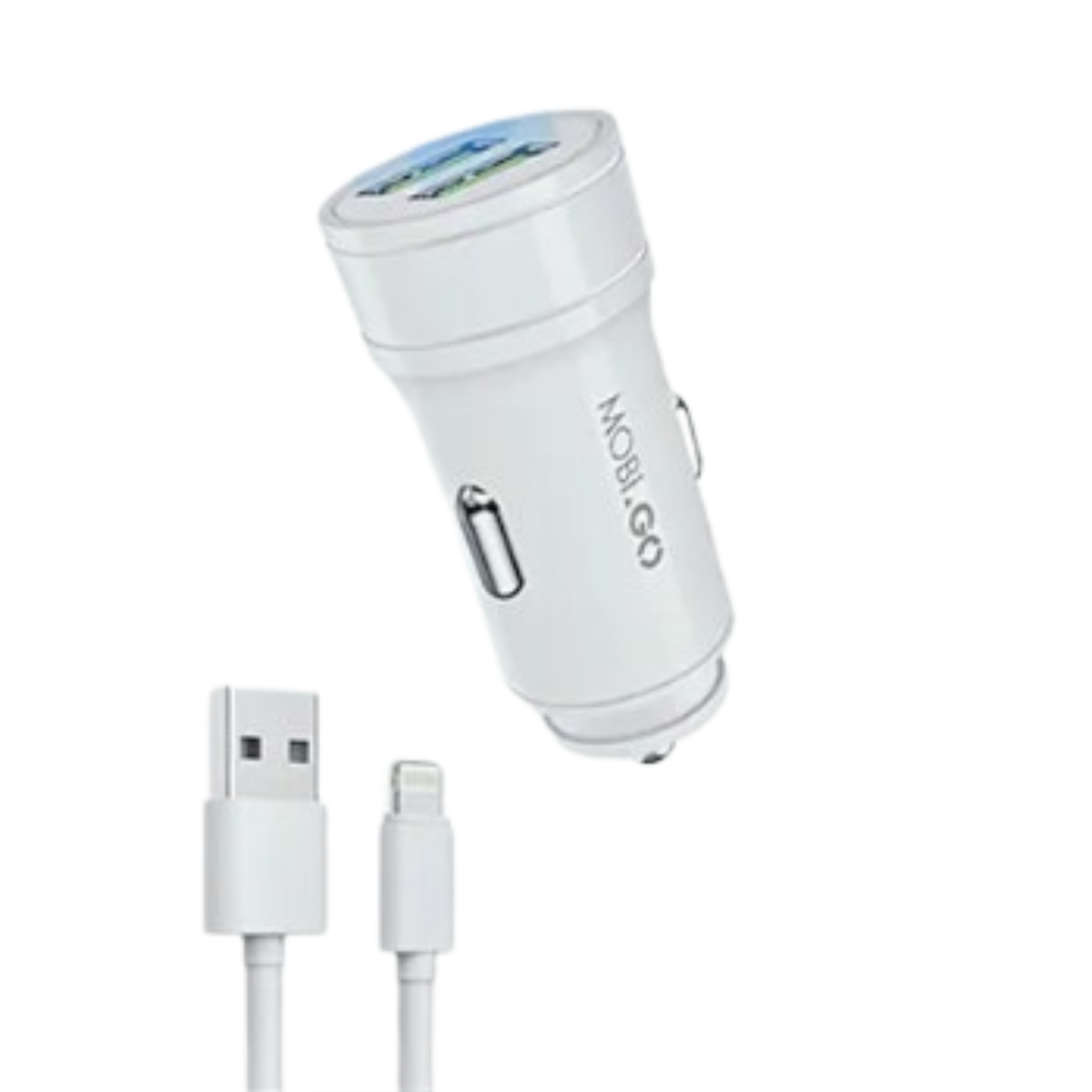 9eight5 Mobigo dual USB car charger with Lightning cable, compact electronics accessory for charging devices in vehicles.