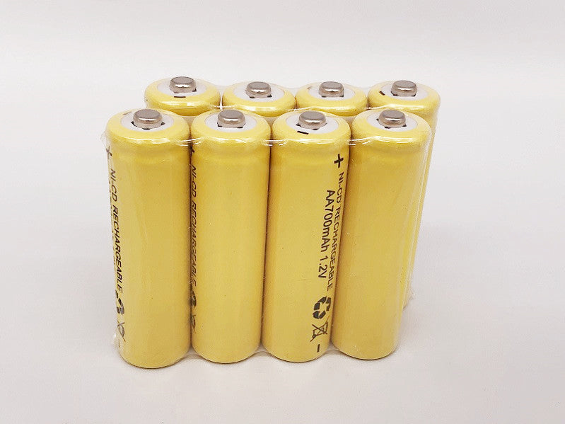 Set of 8 dealonline.co.nz 1.2V AA Ni-Cd rechargeable batteries with 700mAh capacity, shown with batteries and packaging.