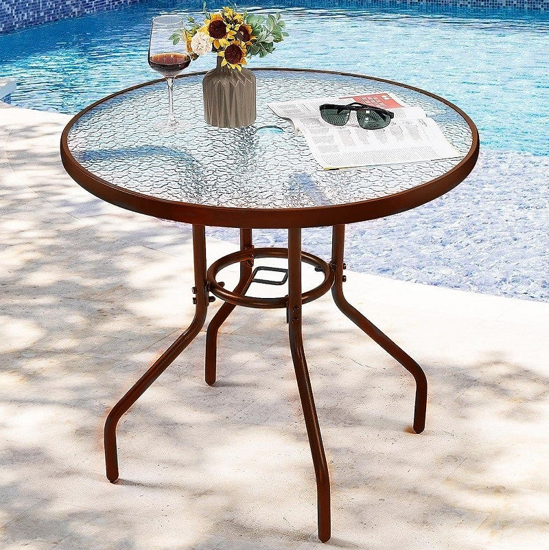 BROWN 80CM Quality Tempered Glass Round Garden Table dealonline.co.nz