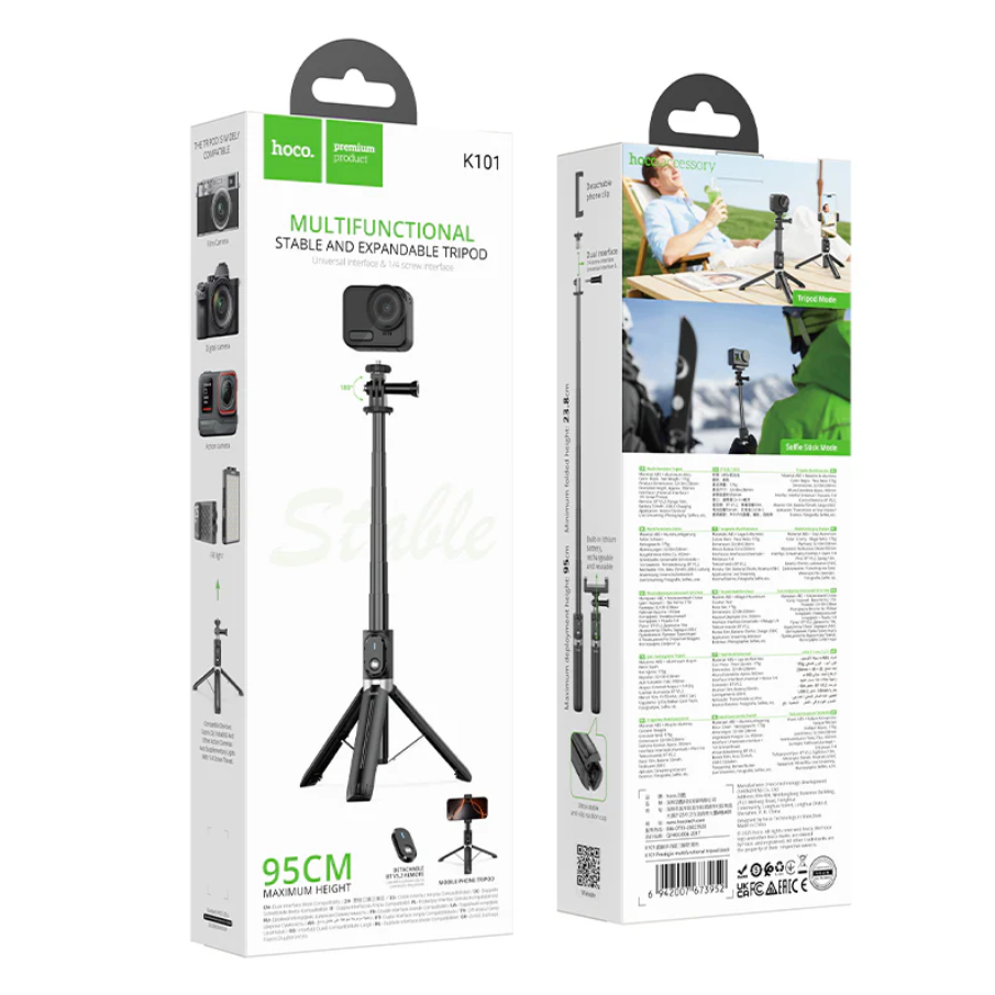 Techplus Bluetooth selfie stick tripod with remote, 95cm extendable, showing adjustable tripod stand and compact design.
