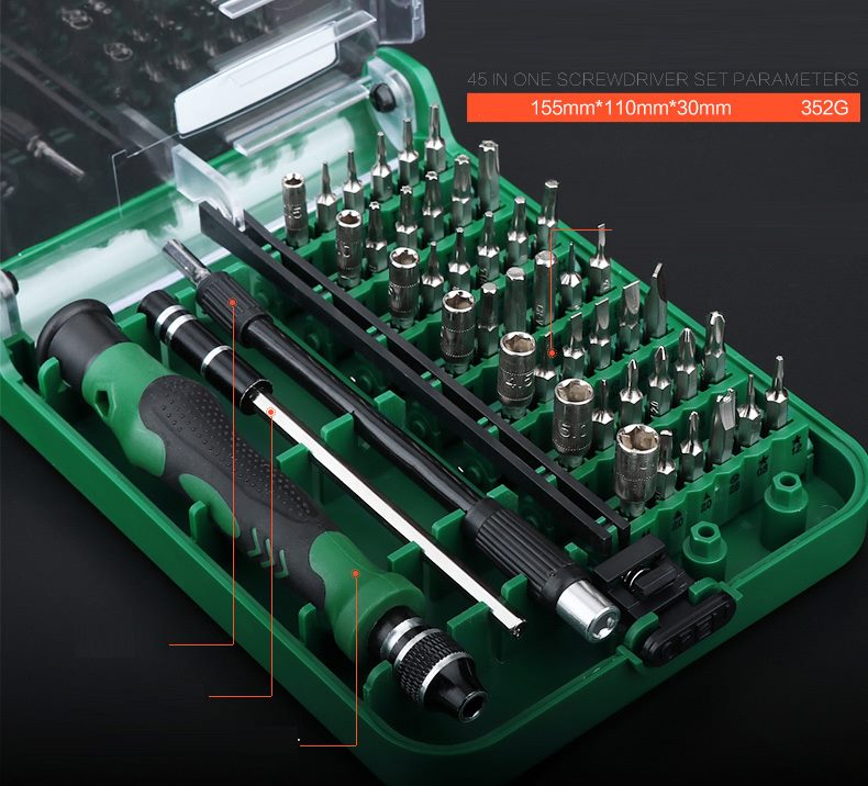 Elecall 45-in-1 precision screwdriver set with compact handle, ideal for electronics and detailed repair work.