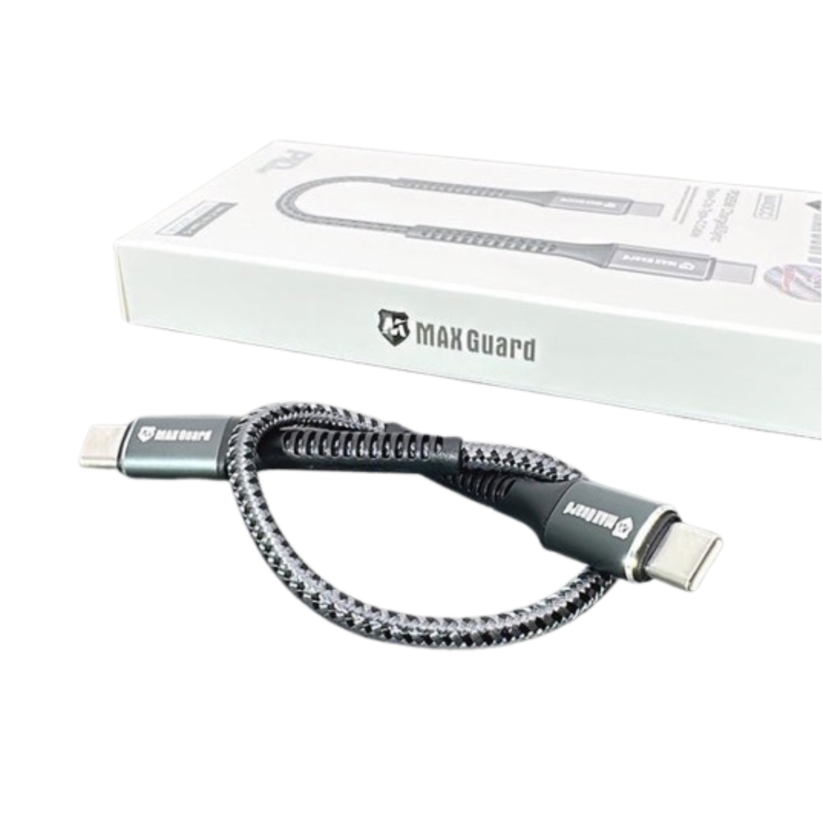 Maxguard 25cm 65W Type-C to C charging cable by 9eight5, showing the compact black cable with USB-C connectors on both ends.