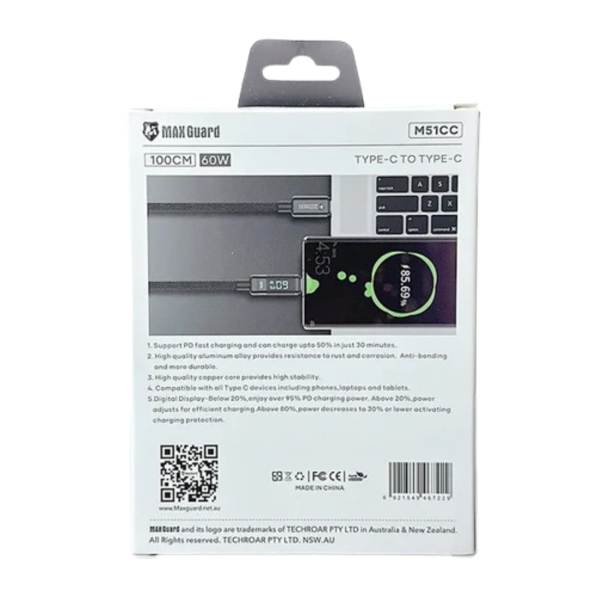 9eight5 Maxguard 1m 60W Type-C to C charging cable, durable accessory for fast charging and data transfer.