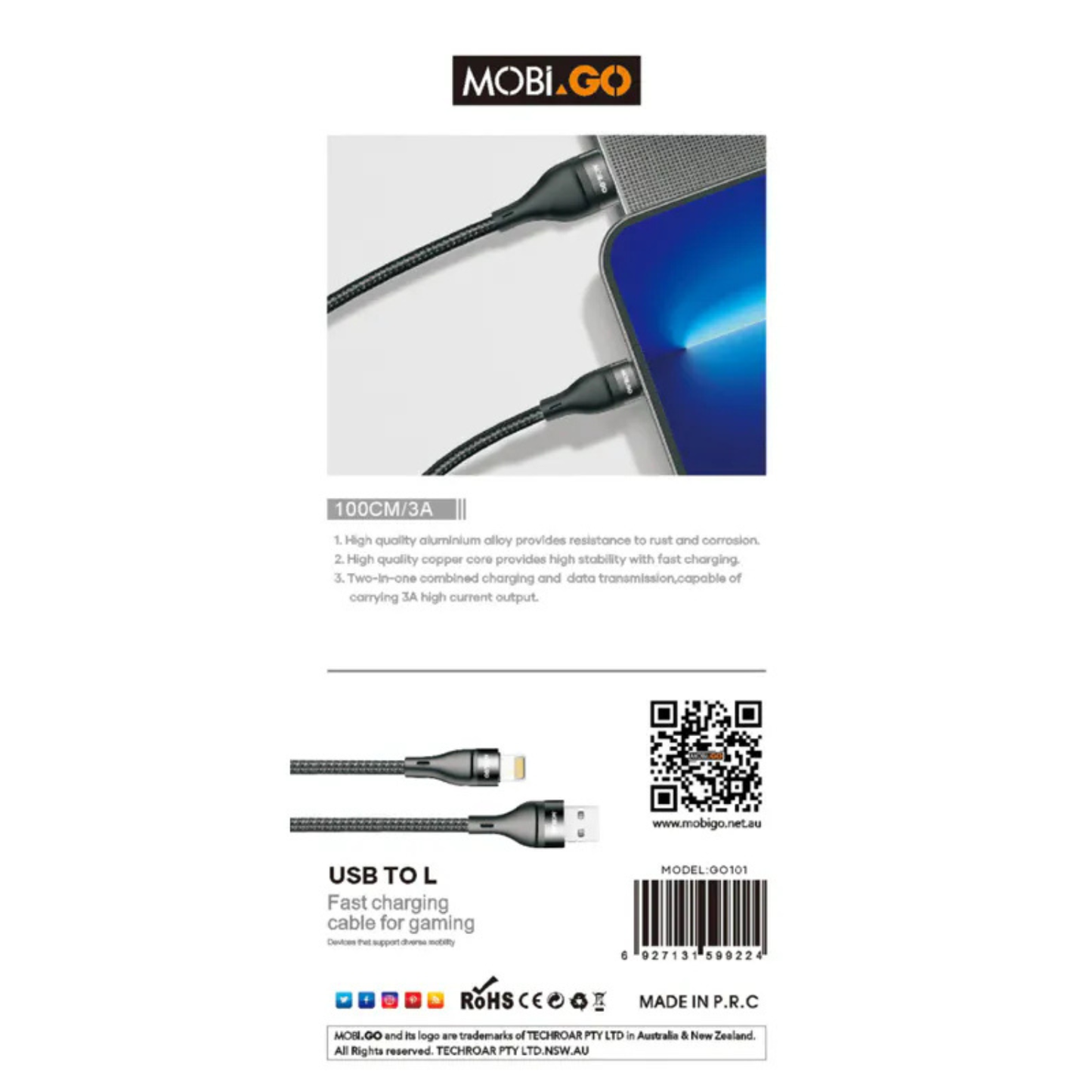 Mobigo 1m USB-A to Lightning cable GO101