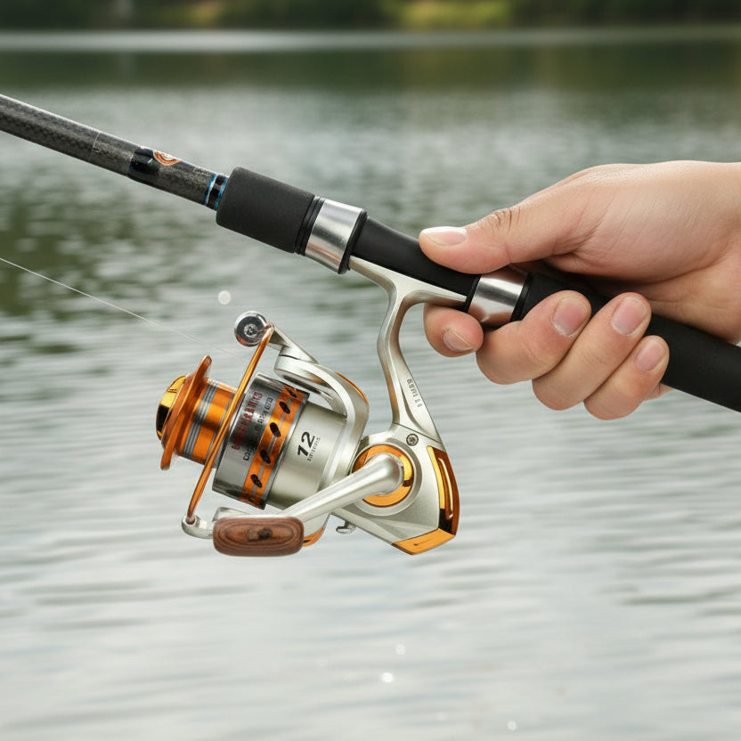 YUMOSHI fishing reel by dealonline.co.nz, close-up of black and silver reel with handle and spool for freshwater or saltwater fishing.