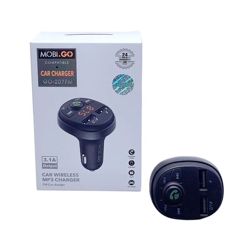 9eight5 Mobigo car charger and Bluetooth kit, compact electronics accessory with dual ports and Bluetooth connectivity in a sleek design.