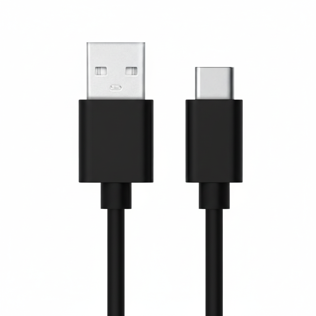 Black 1m USB-A to USB-C charger cable for Nokia phones by 9eight5, shown coiled with connectors visible.