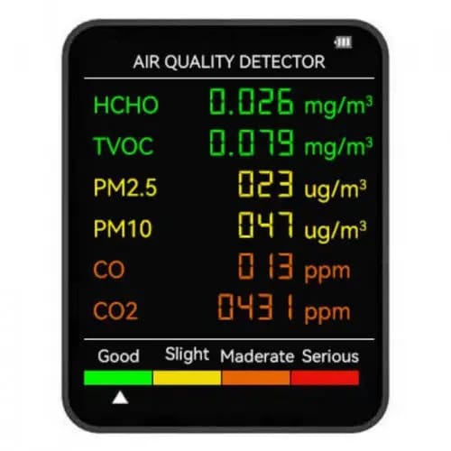 9eight5 6-in-1 air quality monitor showing digital display and sensors for measuring air pollution and indoor air quality.
