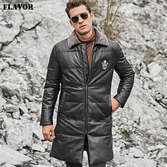 FLAVOR Men's Black Sheepskin Leather Winter Coat