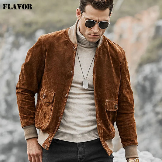 FLAVOR Men's Brown Leather Rib-Cuff Jacket