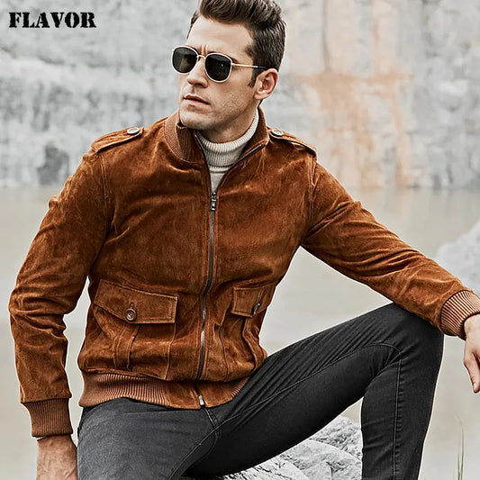 FLAVOR Men's Brown Pigskin Leather Moto-Style Jacket
