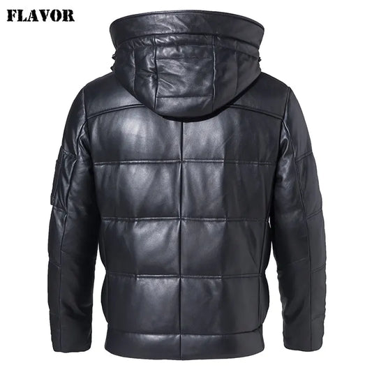 FLAVOR Men's Sheepskin Leather Jacket with Removable Hood