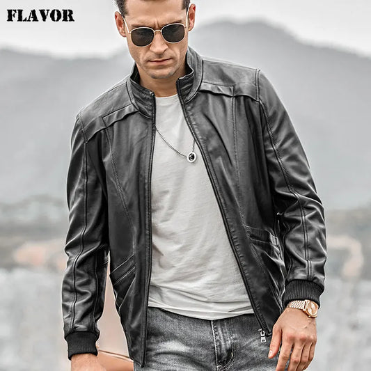 FLAVOR Men's Sheepskin Leather Stand Collar Jacket