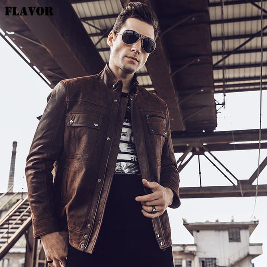 FLAVOR Men's Retro Brown Distressed Leather Jacket