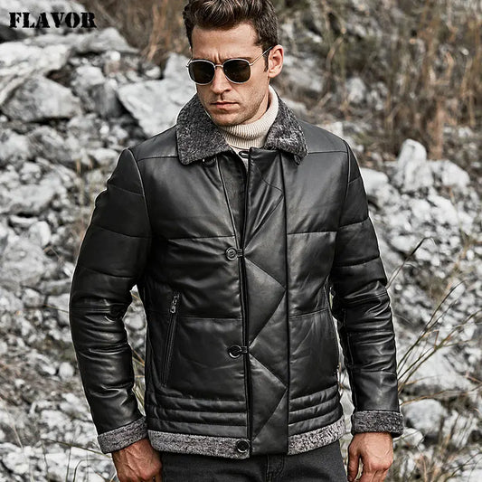 FLAVOR Men's Sheepskin Leather Jacket with Fur Collar
