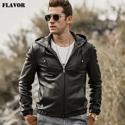 FLAVOR Men's Slim-Fit Black Hooded Leather Jacket