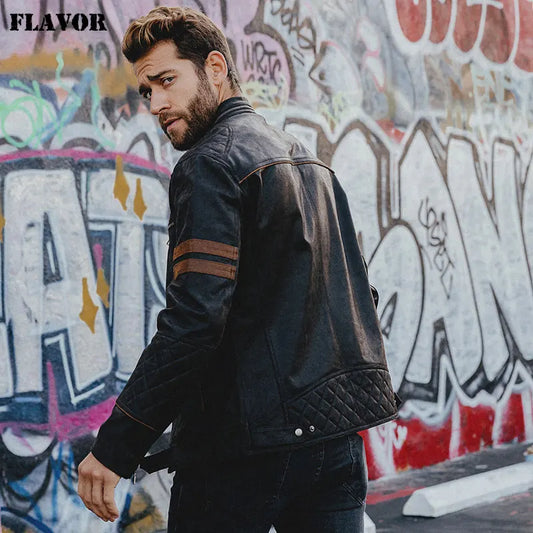 FLAVOR Men's Relaxed-Fit Pigskin Leather Moto-Style Jacket