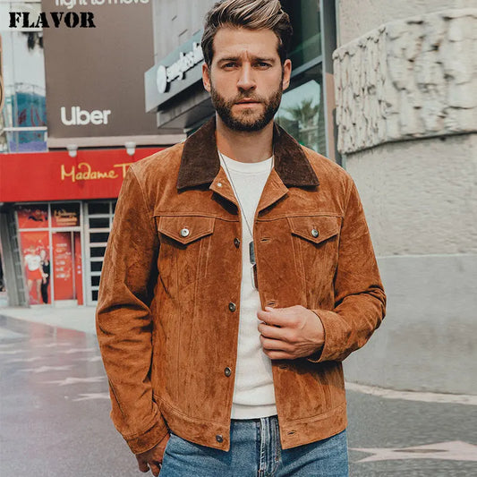 FLAVOR Men's Khaki Pigskin Leather Casual Jacket