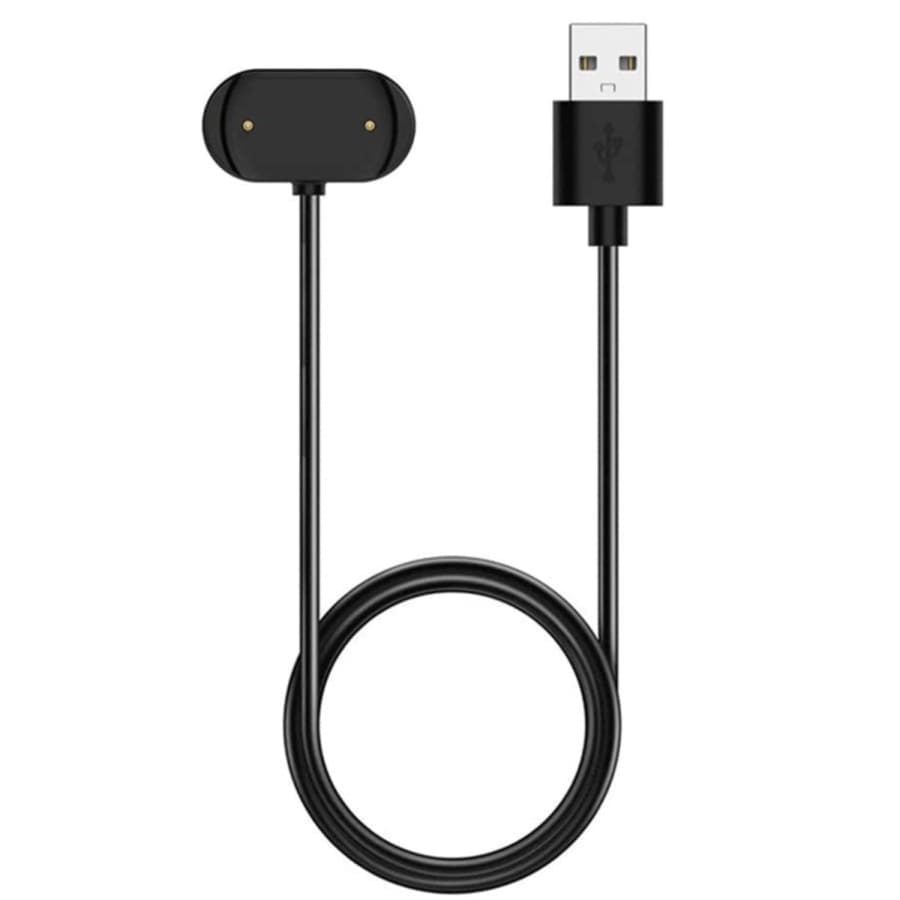 Black USB-A charger for Amazfit GTR3, GTR4, GTS3, GTS4, T-Rex 2, and Cheetah smartwatches, 1 meter cable.