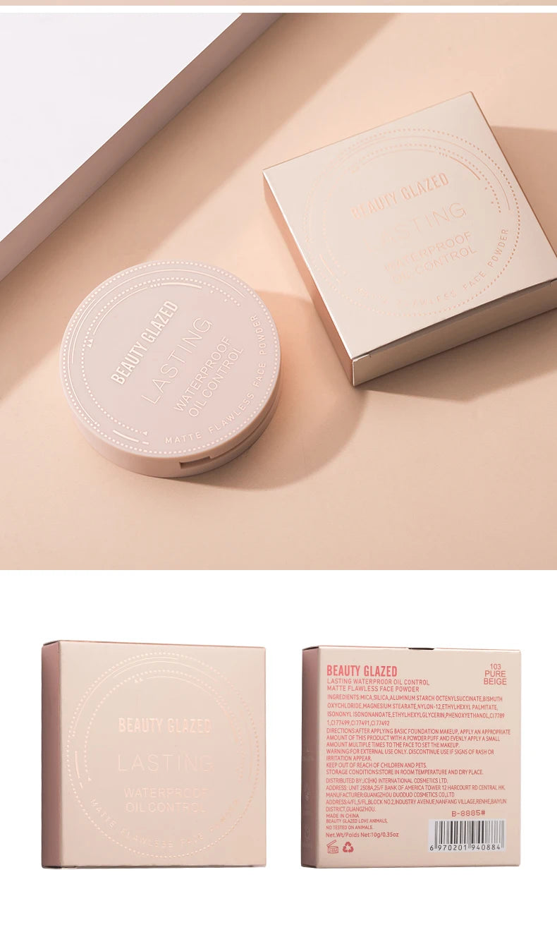 Beauty Glazed oil control matte face powder in a compact with a smooth, matte finish for a natural makeup look.