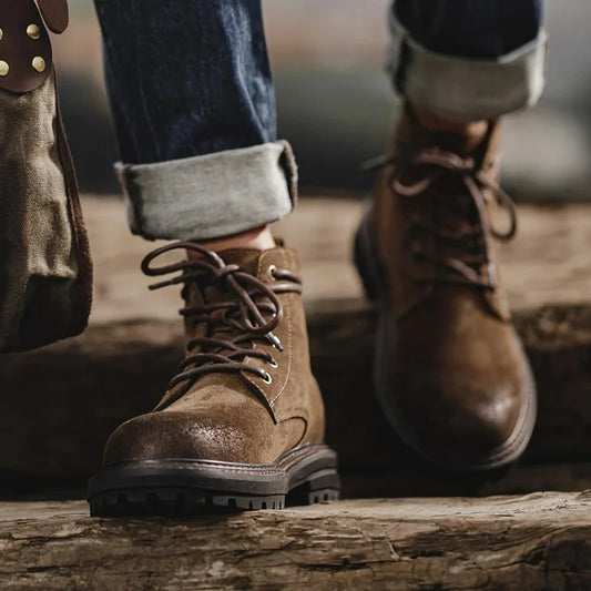 Brown leather boots worn with rolled-up jeans on a wooden surface