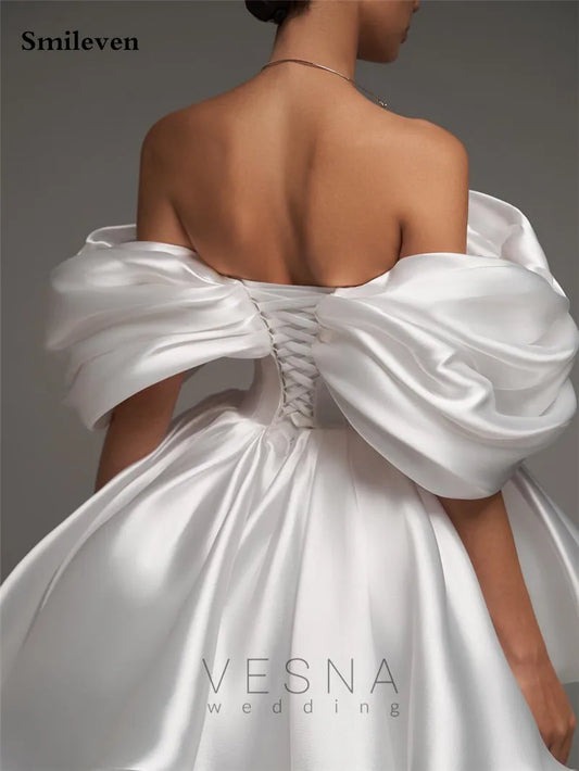 Smileven A Line Soft Satin Off The Shoulder Short Wedding Dress