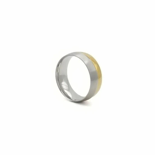 Stainless Steel Two-Tone Band Ring with Gold and Silver Stripes.