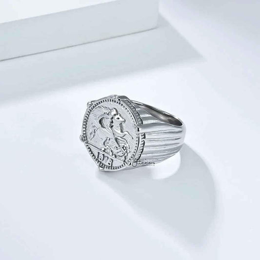 Stainless Steel Knight Coin Signet Ring - Silver