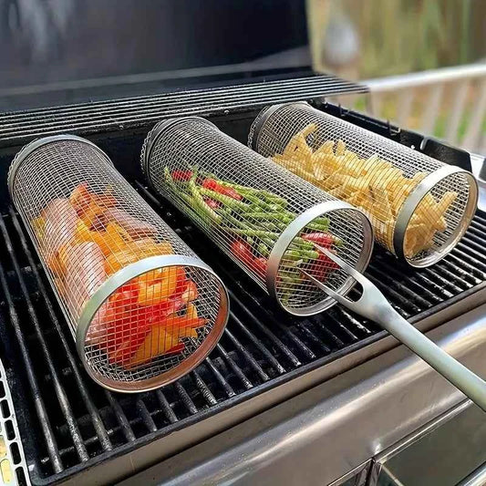 2pc Stainless Steel Rolling Grill Basket Set - Heavy Duty Cylinder Mesh for Camping, Picnic & Outdoor BBQ Accessories