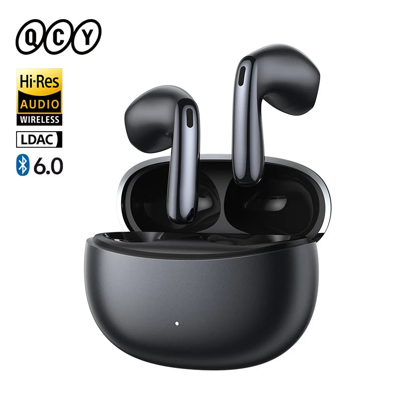 QCY AilyBuds E50 wireless earphones with in-ear design, Bluetooth 6.0, 11mm drivers, and spatial sound technology.