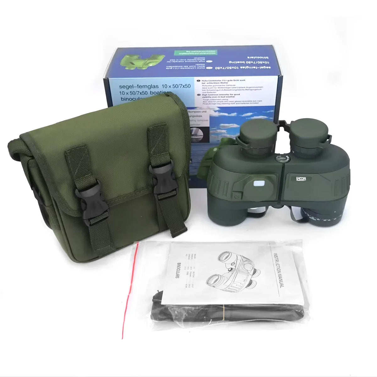 Habicare Professional 10x50 waterproof binoculars with built-in rangefinder and compass, outdoor optics for birdwatching and hiking.