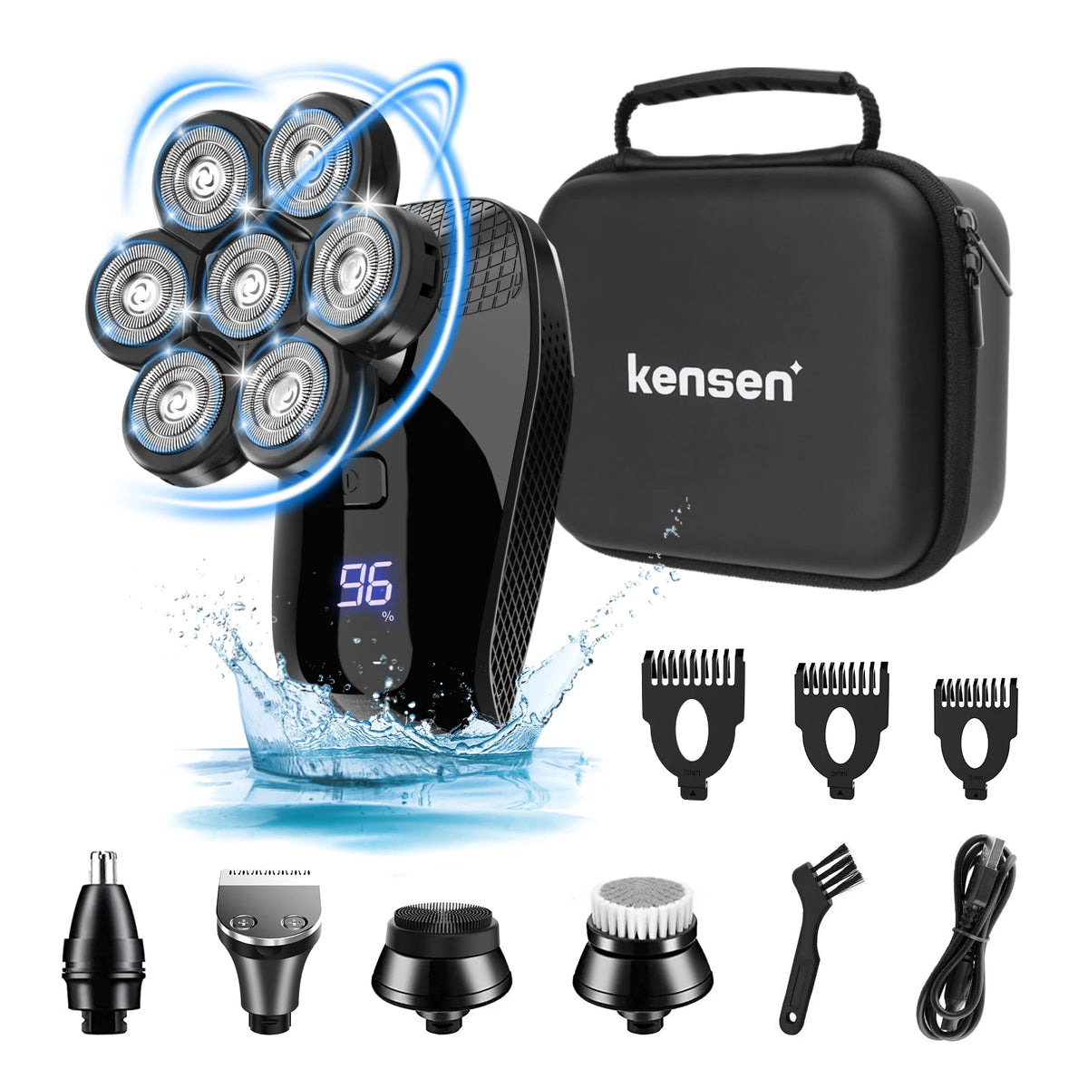 Kensen S8 electric head shaver with hair crimpers attachment, black and silver design, close-up view of the shaver and crimping plates