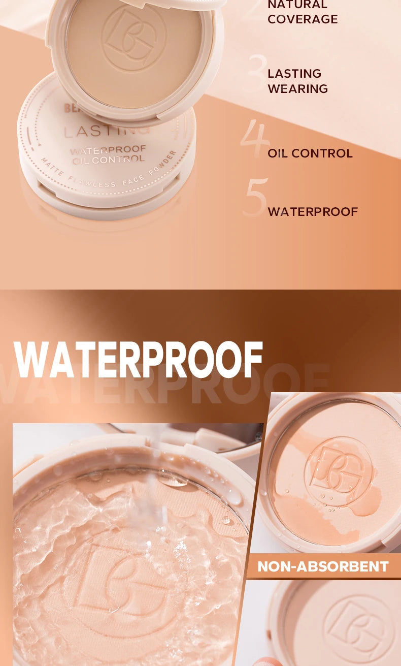 Beauty Glazed Oil Control Matte Face Powder in a compact makeup case with a smooth, matte finish and a transparent lid.