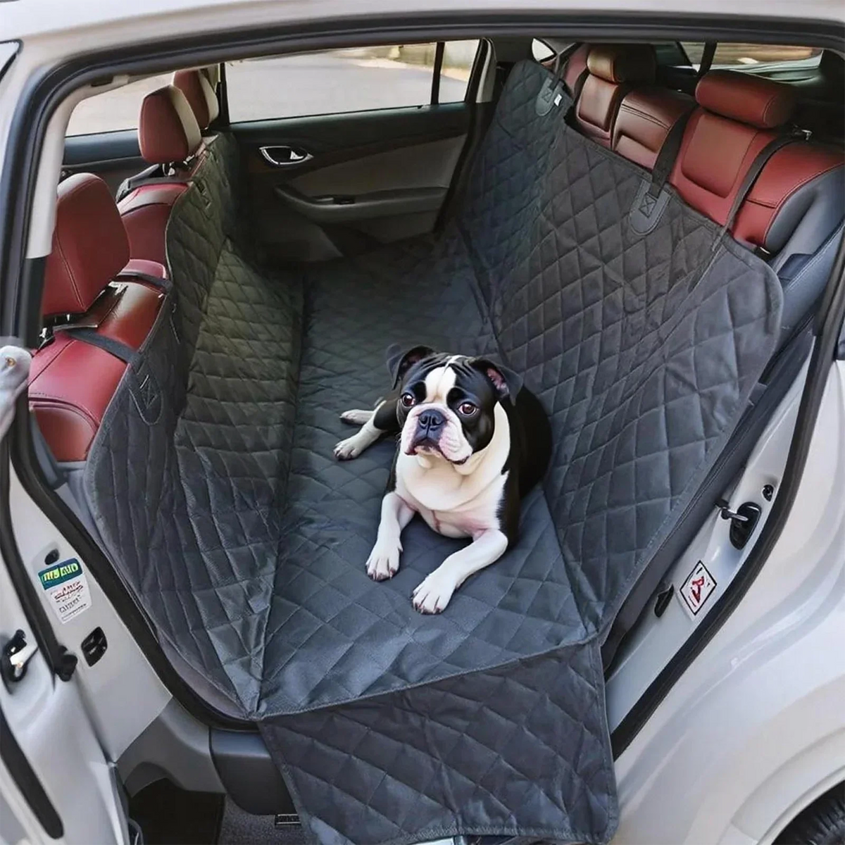 Waterproof Habicare dog car hammock in SS size, showing durable fabric and secure side flaps for car travel comfort