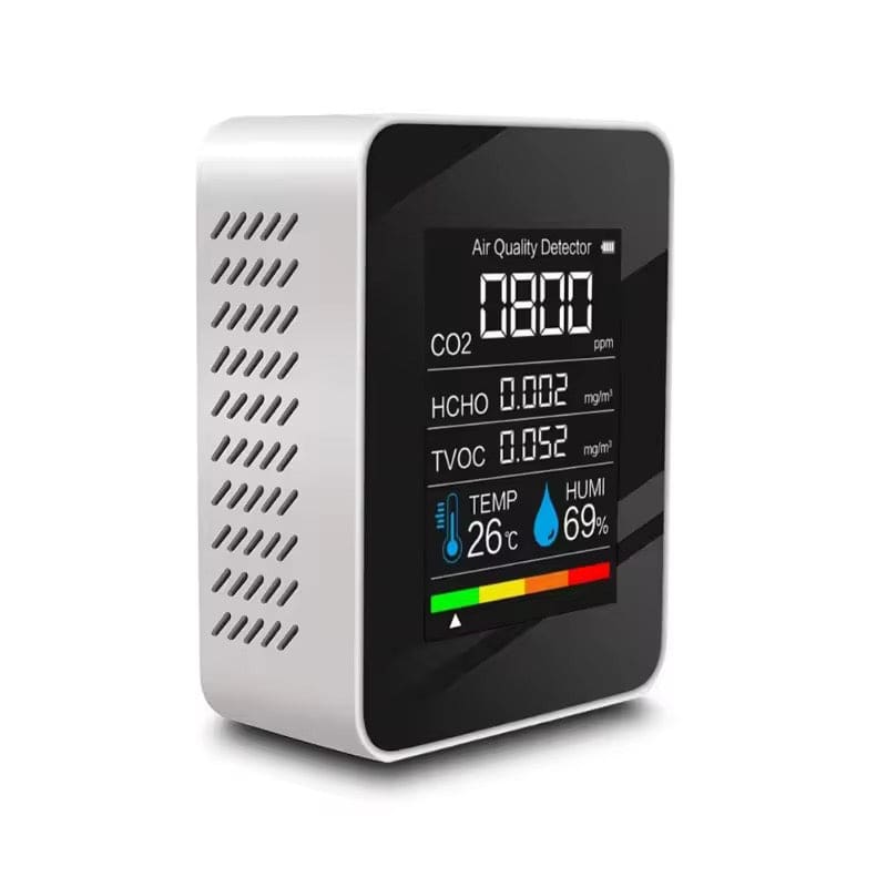 9eight5 5-in-1 air quality monitor showing digital display, sensors, and controls for measuring indoor air quality.
