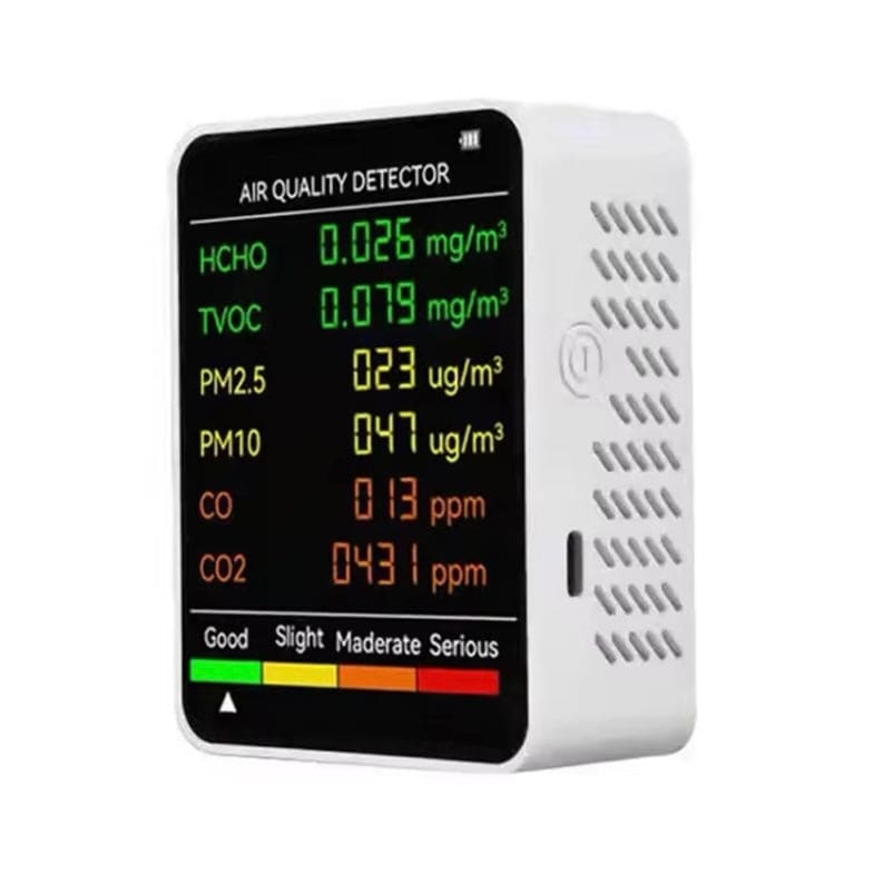 9eight5 6-in-1 air quality monitor showing digital display and sensor probes for measuring air pollutants and environmental data.