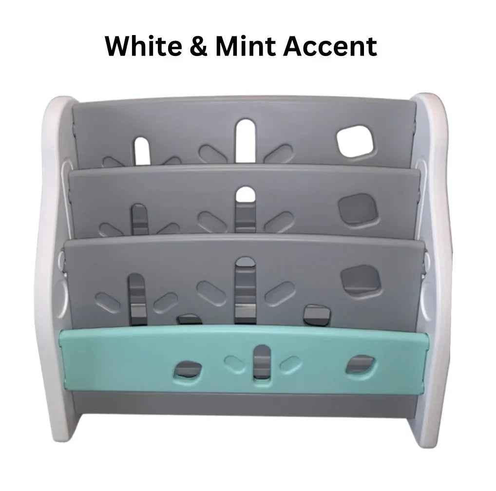 Kids book display shelf by Baby Way NZ, Montessori-inspired standing bookshelf in grey and mint for children's books.