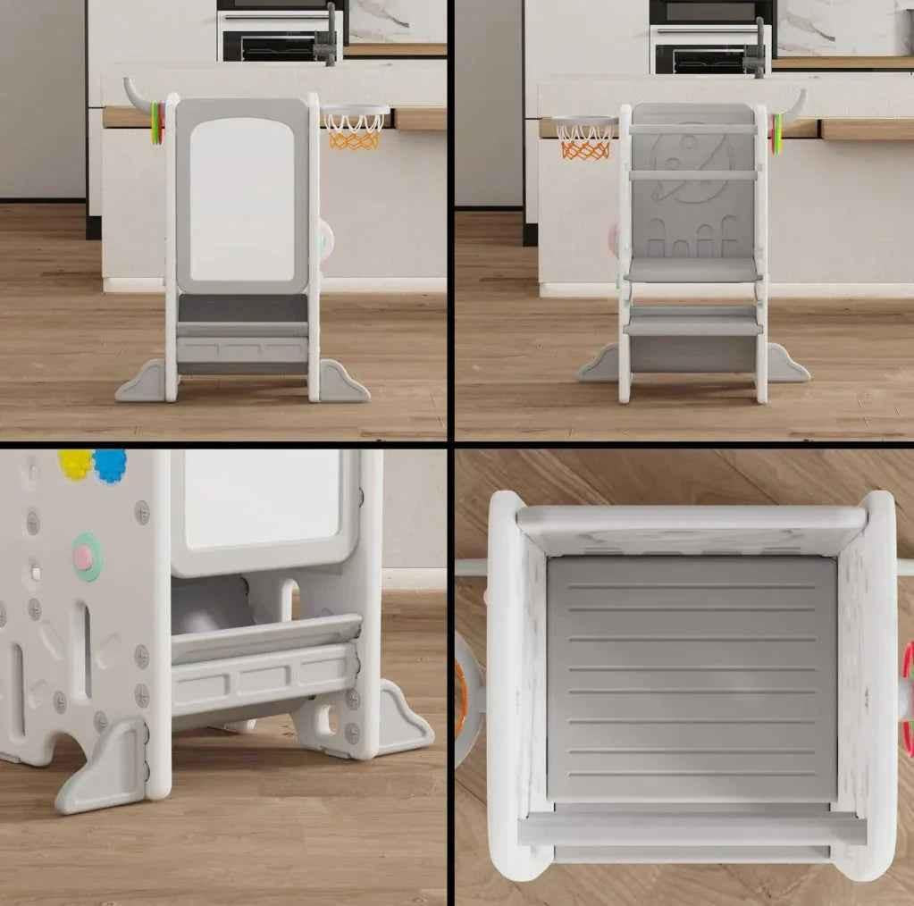 Baby Way NZ toddler learning tower step stool with activity centre, featuring colorful design and sturdy construction for safe toddler use.