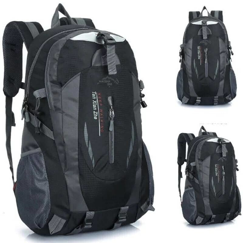 Black and grey 9eight5 backpack with multiple compartments and padded straps, designed for everyday use and travel.