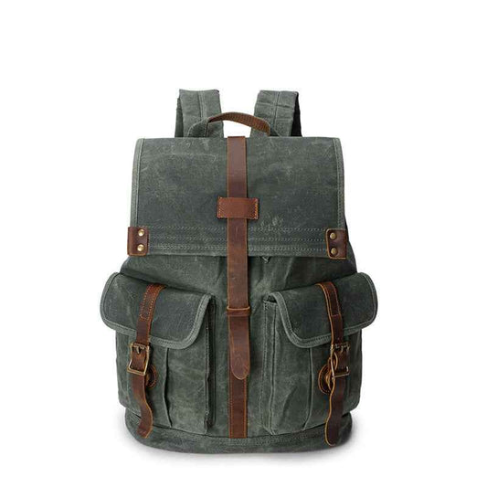 Men's Waxed Canvas Backpack — Vintage Leather Trim Waterproof | Travel & Hiking