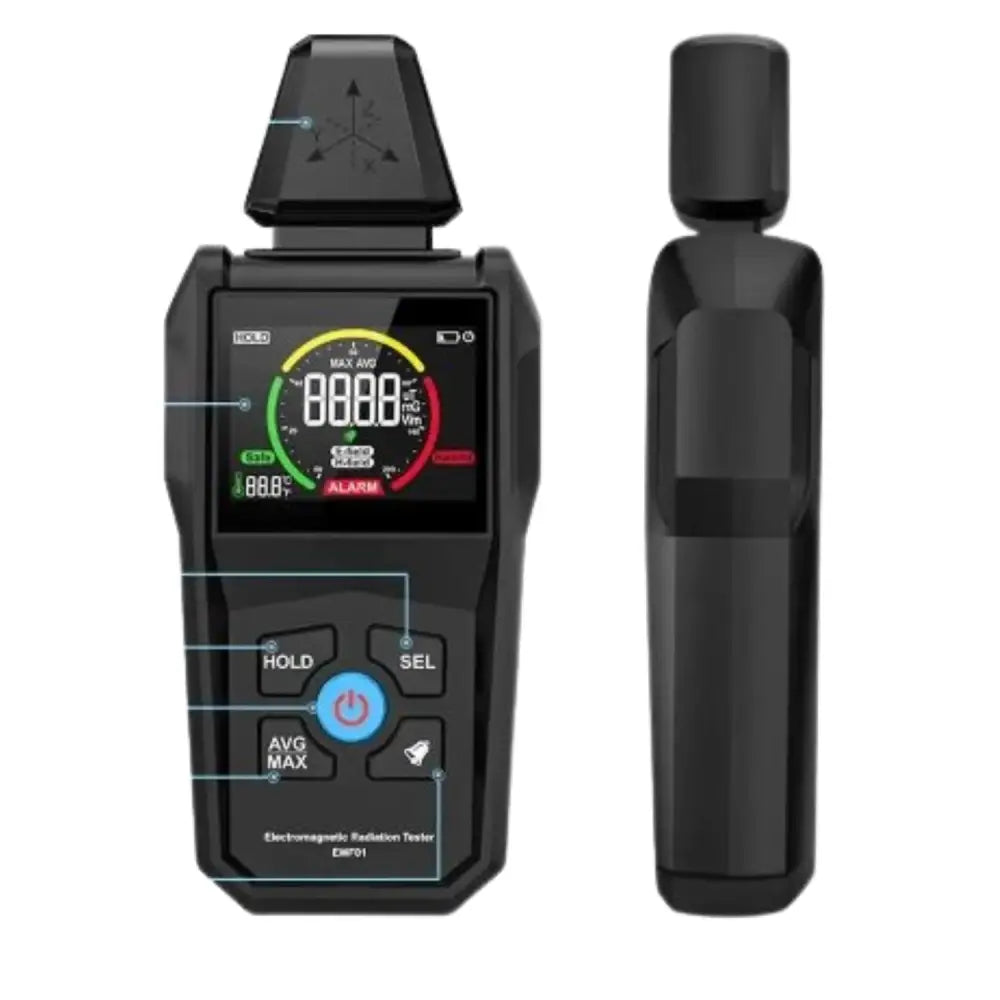 Habicare HBC Digital EMF Meter showing a digital display measuring electromagnetic fields in a compact handheld device.