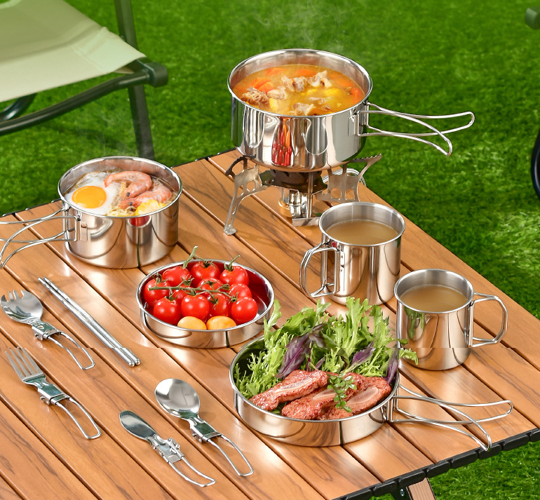 ECOTREK outdoor cookware set with 304 stainless steel camping utensils kit, including pots, pans, and utensils for outdoor cooking.