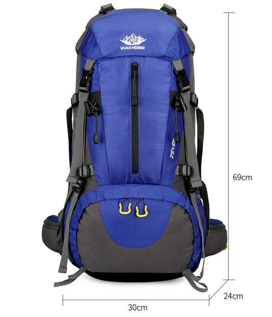 Orange ECOTREK 50L waterproof hiking backpack with multiple compartments, ideal for outdoor camping and climbing adventures.