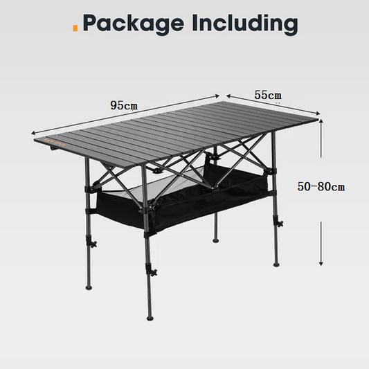 Black ECOTREK folding camping table, adjustable and portable outdoor table, 95cm in length, suitable for camping and outdoor activities.