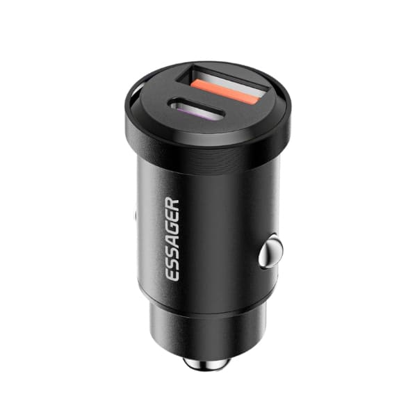 Essager 9eight5 car charger with Type C and USB ports for fast device charging, shown plugged into a vehicle's dashboard.