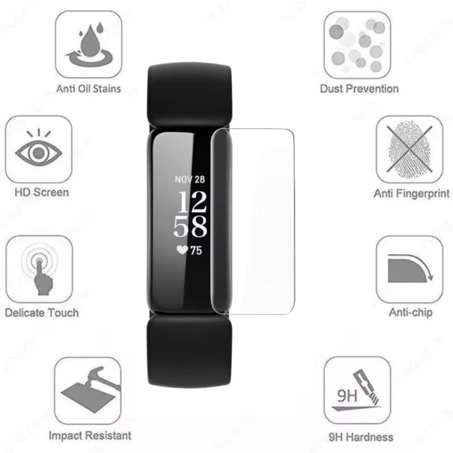 Set of four black hydrogel screen protectors for Fitbit Inspire 2 fitness tracker, providing durable protection for the watch screen.