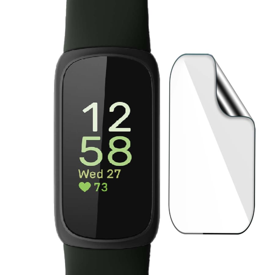 Set of four black hydrogel screen protectors for Fitbit Inspire 3, designed to protect the watch display from scratches and smudges.